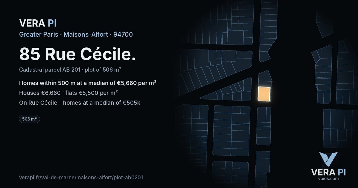 85 Rue Cécile, Maisons-Alfort at night – the plot lit, the parcels around coloured by the prices near them