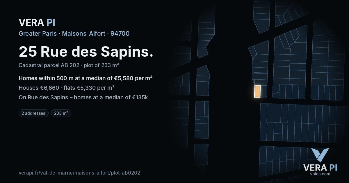 25 Rue des Sapins, Maisons-Alfort at night – the plot lit, the parcels around coloured by the prices near them
