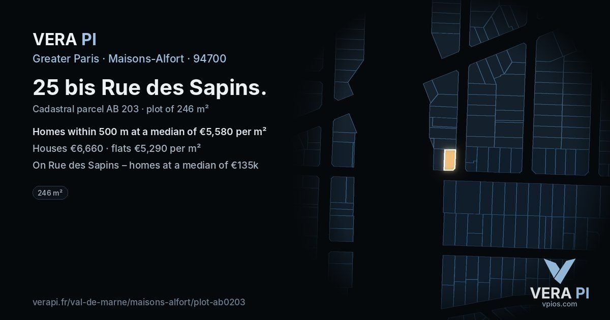 25 bis Rue des Sapins, Maisons-Alfort at night – the plot lit, the parcels around coloured by the prices near them