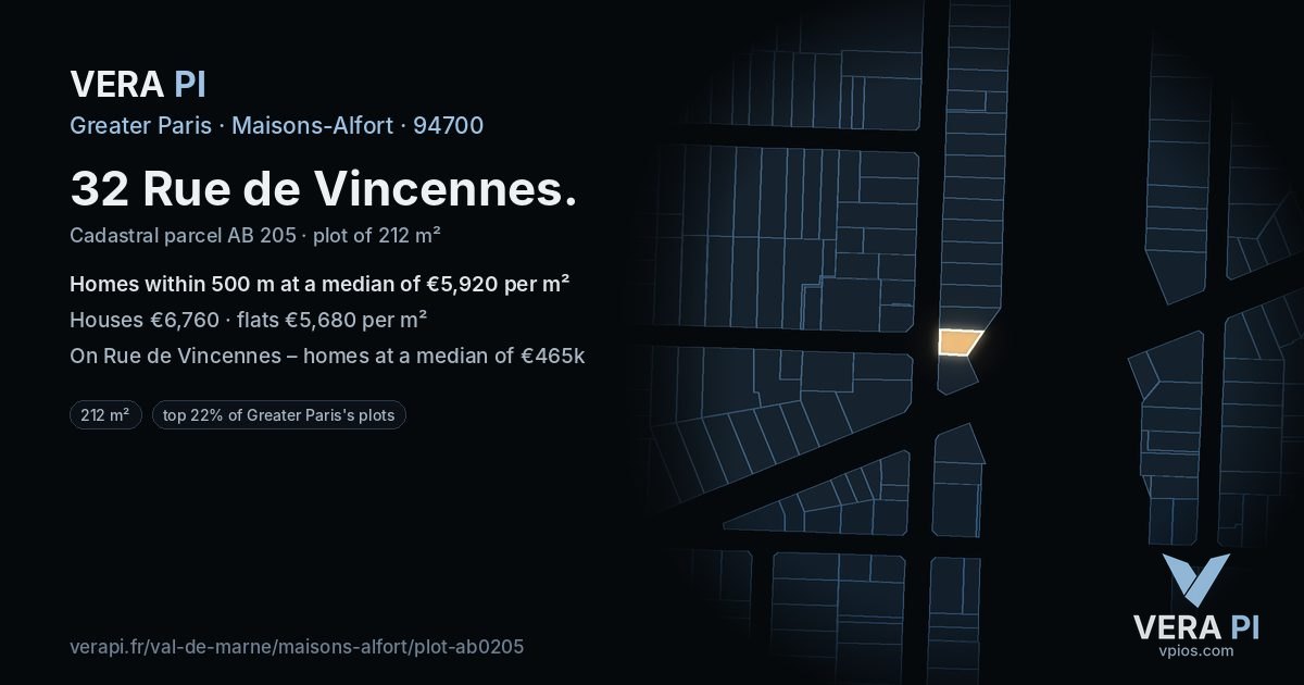 32 Rue de Vincennes, Maisons-Alfort at night – the plot lit, the parcels around coloured by the prices near them