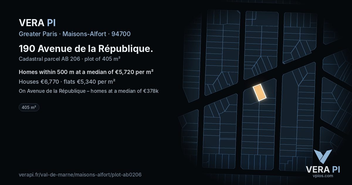 190 Avenue de la République, Maisons-Alfort at night – the plot lit, the parcels around coloured by the prices near them