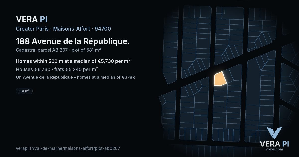 188 Avenue de la République, Maisons-Alfort at night – the plot lit, the parcels around coloured by the prices near them
