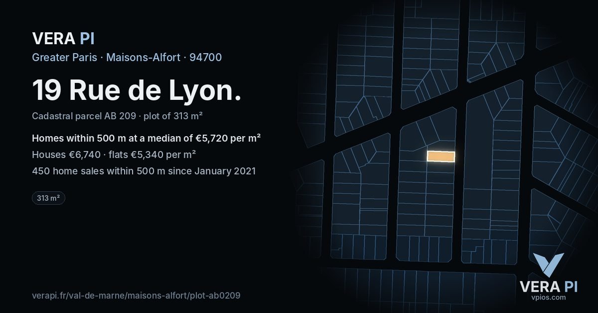 19 Rue de Lyon, Maisons-Alfort at night – the plot lit, the parcels around coloured by the prices near them
