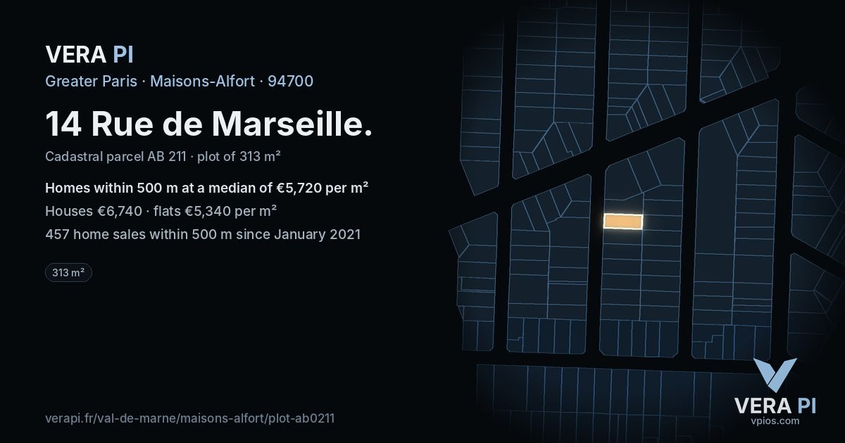 14 Rue de Marseille, Maisons-Alfort at night – the plot lit, the parcels around coloured by the prices near them