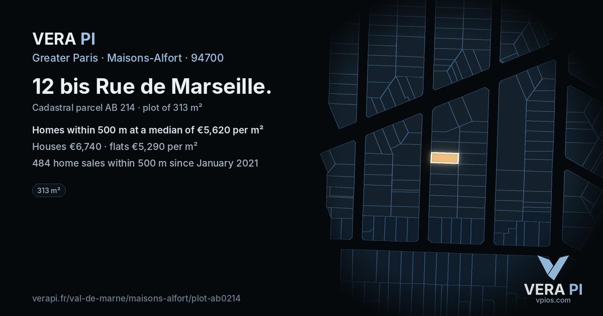 12 bis Rue de Marseille, Maisons-Alfort at night – the plot lit, the parcels around coloured by the prices near them