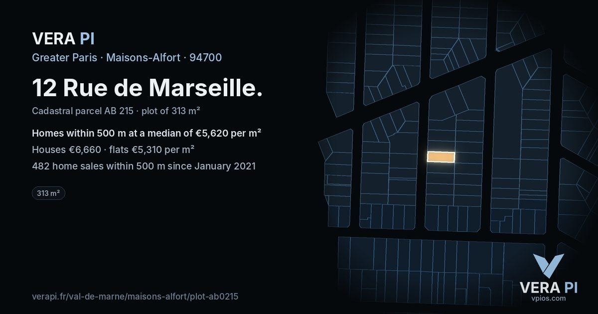 12 Rue de Marseille, Maisons-Alfort at night – the plot lit, the parcels around coloured by the prices near them