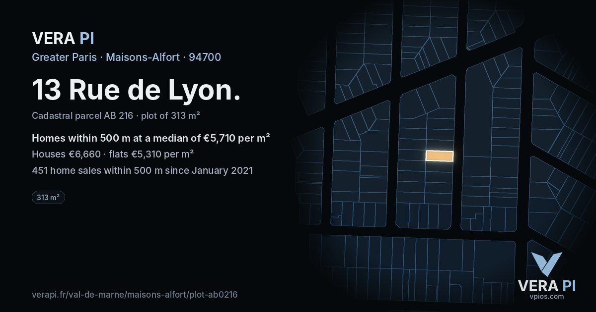 13 Rue de Lyon, Maisons-Alfort at night – the plot lit, the parcels around coloured by the prices near them