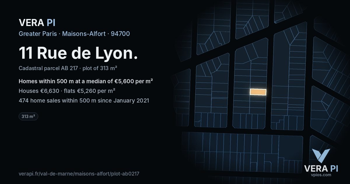 11 Rue de Lyon, Maisons-Alfort at night – the plot lit, the parcels around coloured by the prices near them