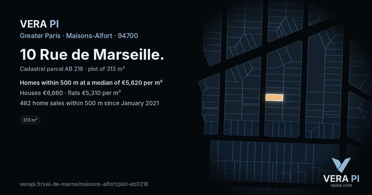 10 Rue de Marseille, Maisons-Alfort at night – the plot lit, the parcels around coloured by the prices near them