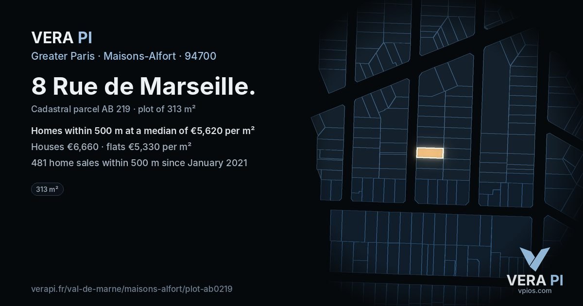 8 Rue de Marseille, Maisons-Alfort at night – the plot lit, the parcels around coloured by the prices near them