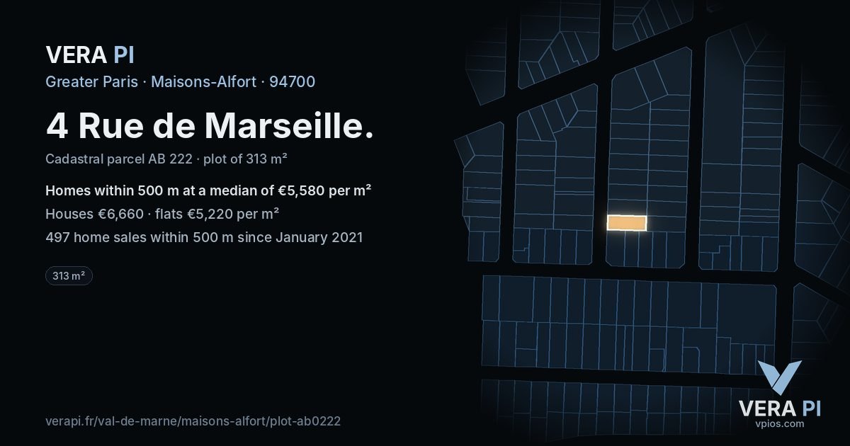 4 Rue de Marseille, Maisons-Alfort at night – the plot lit, the parcels around coloured by the prices near them