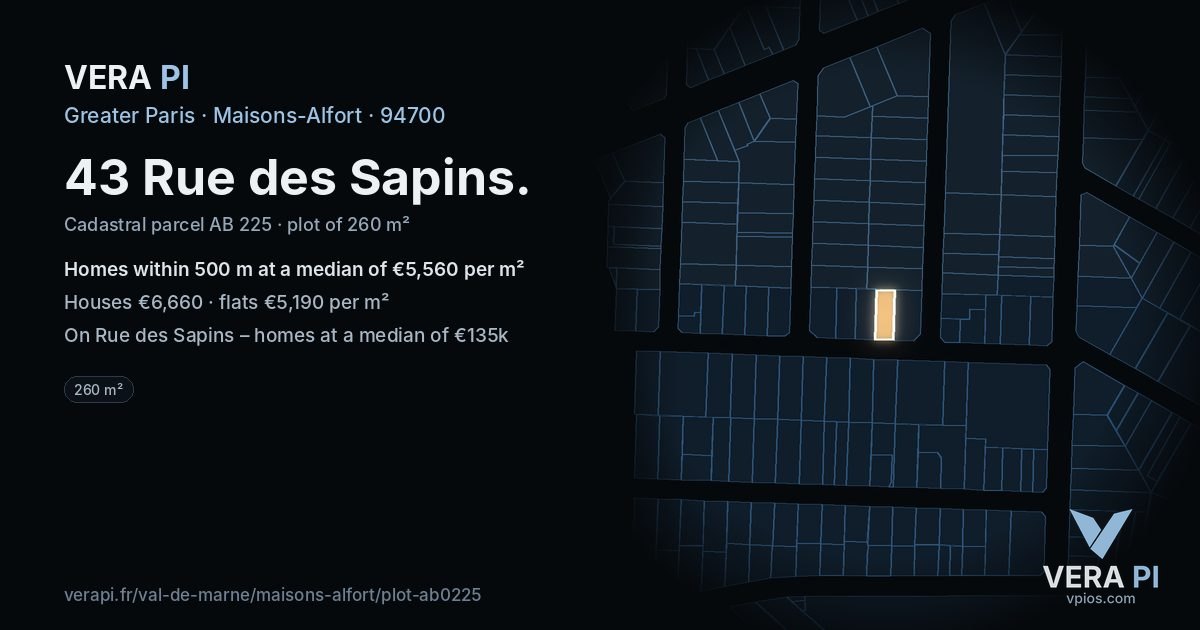 43 Rue des Sapins, Maisons-Alfort at night – the plot lit, the parcels around coloured by the prices near them