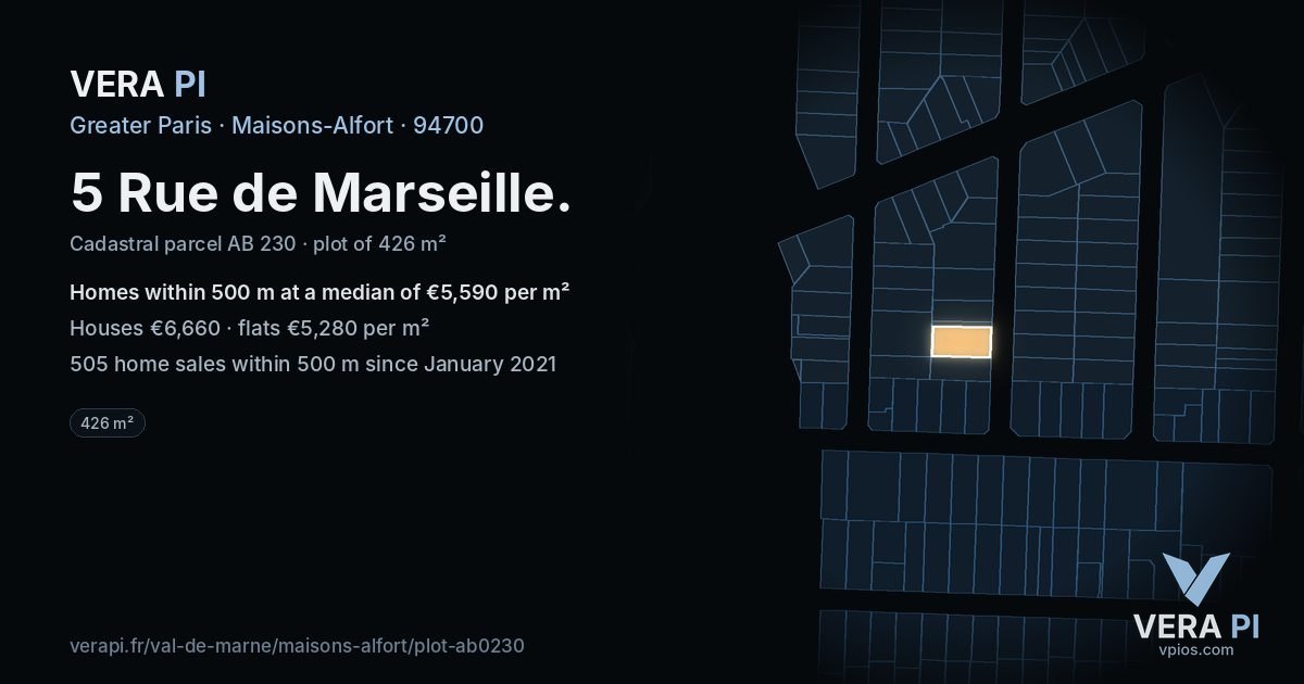 5 Rue de Marseille, Maisons-Alfort at night – the plot lit, the parcels around coloured by the prices near them