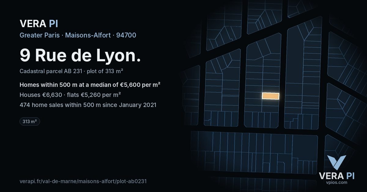 9 Rue de Lyon, Maisons-Alfort at night – the plot lit, the parcels around coloured by the prices near them