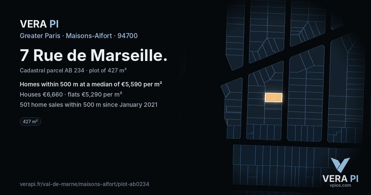 7 Rue de Marseille, Maisons-Alfort at night – the plot lit, the parcels around coloured by the prices near them