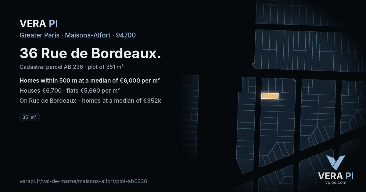 36 Rue de Bordeaux, Maisons-Alfort at night – the plot lit, the parcels around coloured by the prices near them