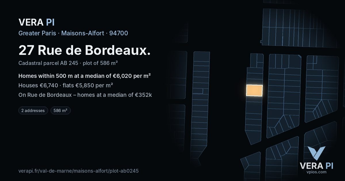 27 Rue de Bordeaux, Maisons-Alfort at night – the plot lit, the parcels around coloured by the prices near them