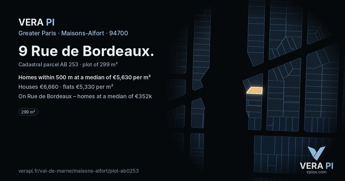9 Rue de Bordeaux, Maisons-Alfort at night – the plot lit, the parcels around coloured by the prices near them