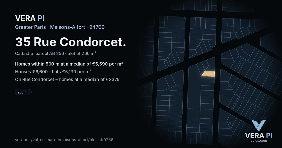35 Rue Condorcet, Maisons-Alfort at night – the plot lit, the parcels around coloured by the prices near them