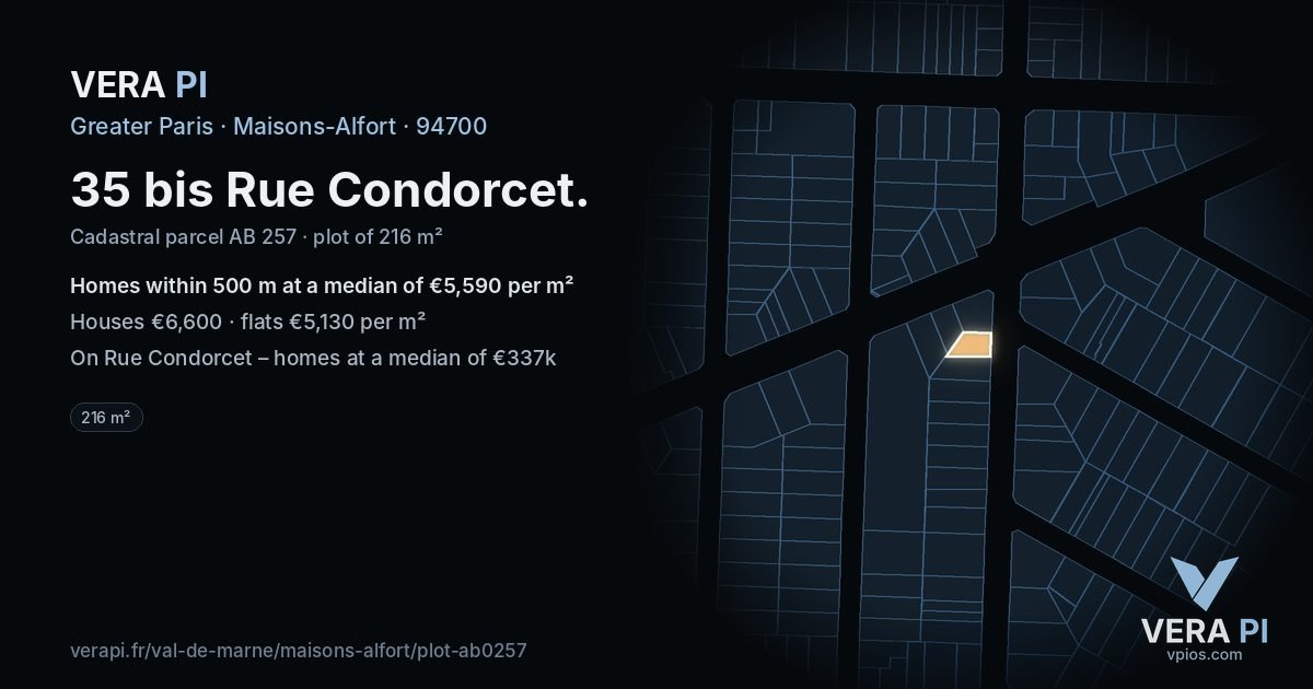 35 bis Rue Condorcet, Maisons-Alfort at night – the plot lit, the parcels around coloured by the prices near them