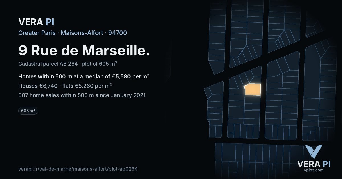 9 Rue de Marseille, Maisons-Alfort at night – the plot lit, the parcels around coloured by the prices near them