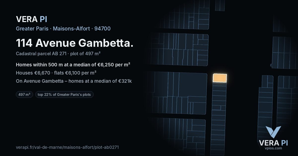 114 Avenue Gambetta, Maisons-Alfort at night – the plot lit, the parcels around coloured by the prices near them
