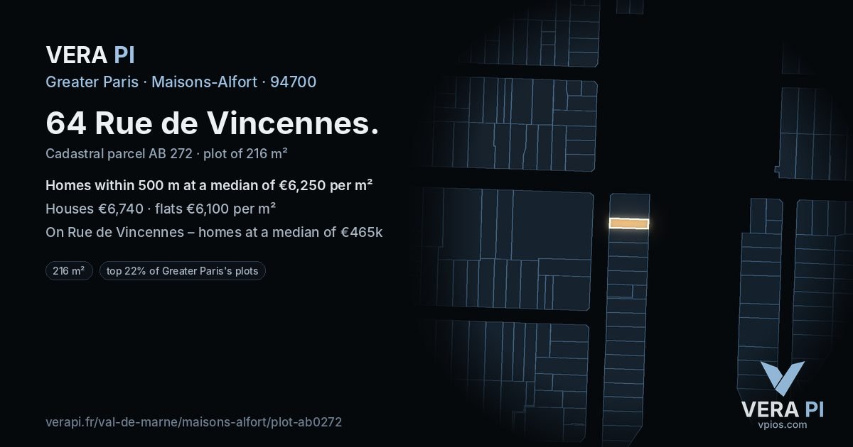 64 Rue de Vincennes, Maisons-Alfort at night – the plot lit, the parcels around coloured by the prices near them
