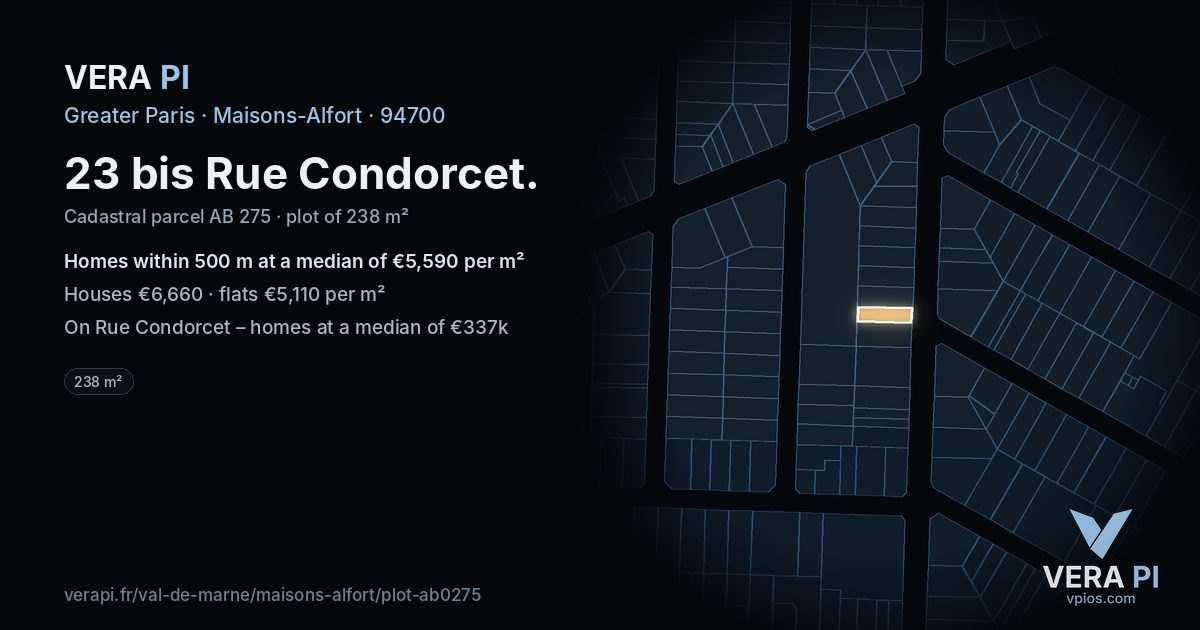 23 bis Rue Condorcet, Maisons-Alfort at night – the plot lit, the parcels around coloured by the prices near them