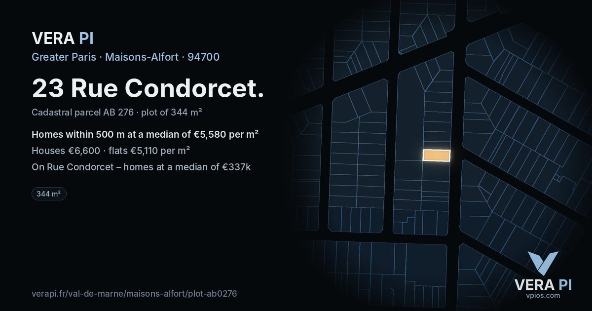 23 Rue Condorcet, Maisons-Alfort at night – the plot lit, the parcels around coloured by the prices near them