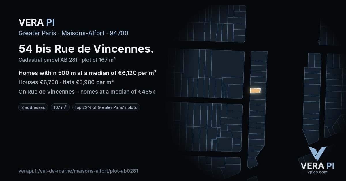 54 bis Rue de Vincennes, Maisons-Alfort at night – the plot lit, the parcels around coloured by the prices near them