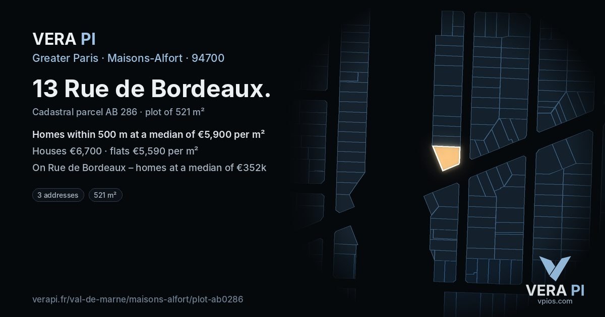 13 Rue de Bordeaux, Maisons-Alfort at night – the plot lit, the parcels around coloured by the prices near them