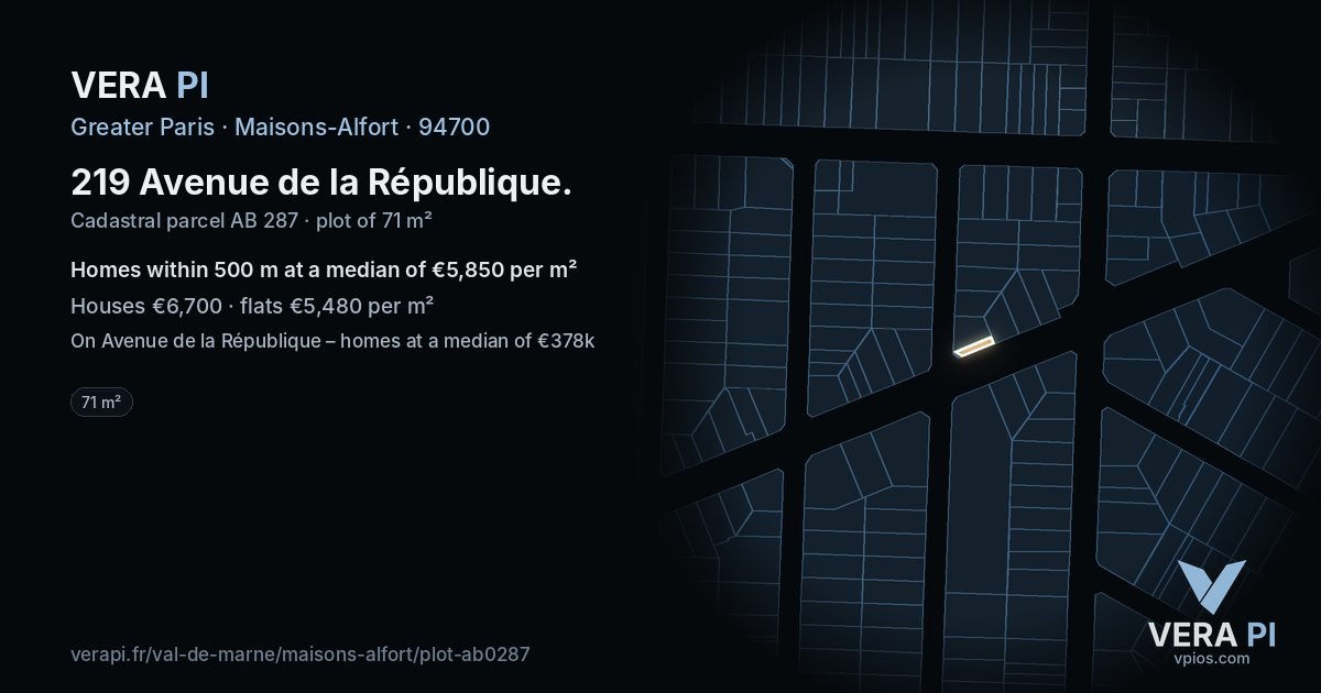 219 Avenue de la République, Maisons-Alfort at night – the plot lit, the parcels around coloured by the prices near them