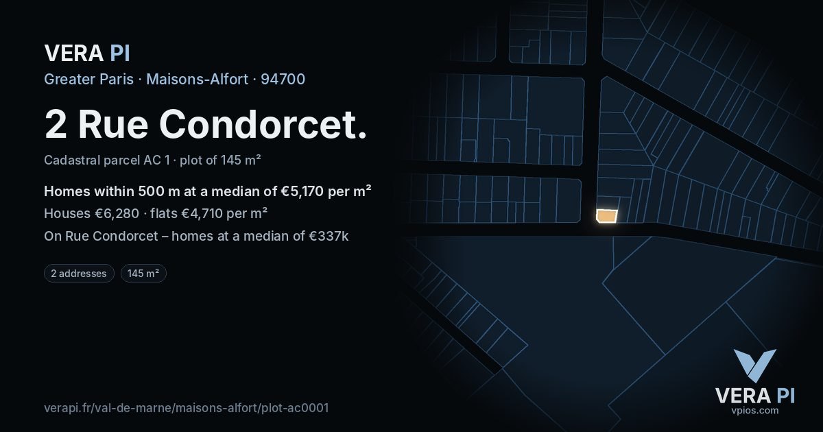 2 Rue Condorcet, Maisons-Alfort at night – the plot lit, the parcels around coloured by the prices near them