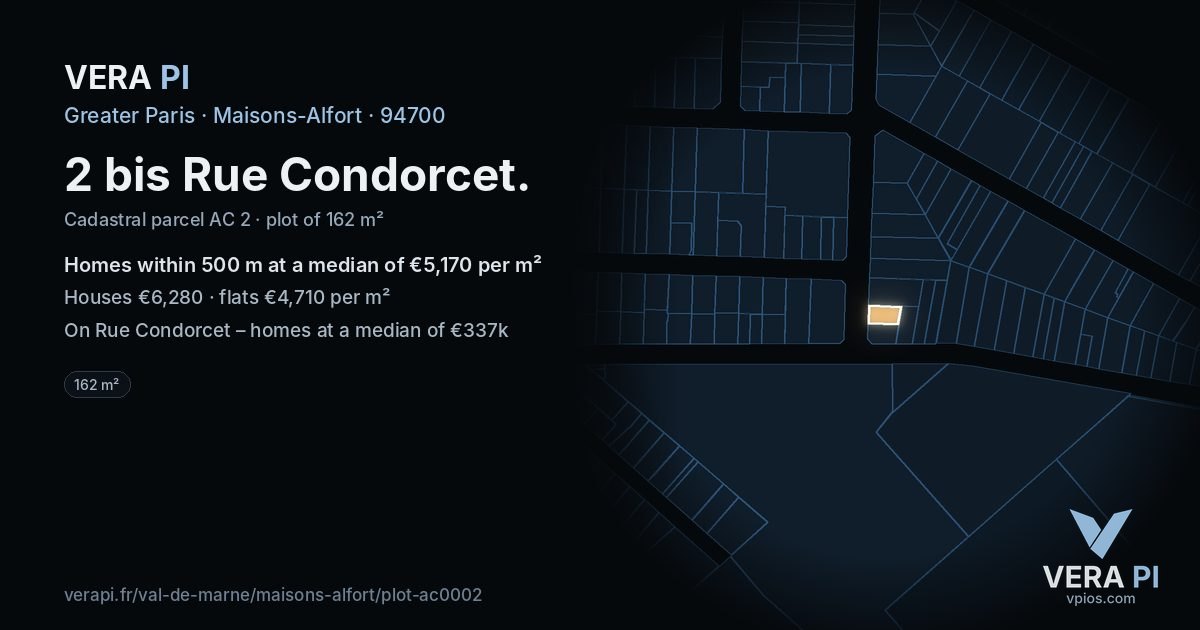 2 bis Rue Condorcet, Maisons-Alfort at night – the plot lit, the parcels around coloured by the prices near them