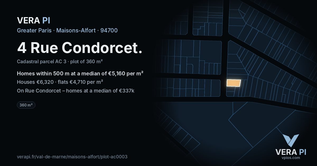 4 Rue Condorcet, Maisons-Alfort at night – the plot lit, the parcels around coloured by the prices near them
