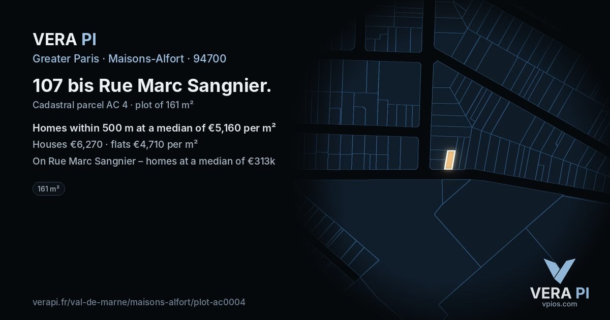 107 bis Rue Marc Sangnier, Maisons-Alfort at night – the plot lit, the parcels around coloured by the prices near them