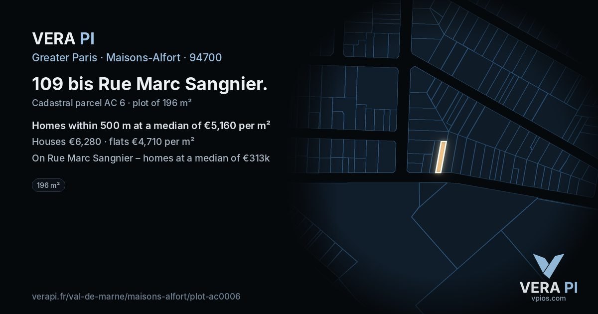 109 bis Rue Marc Sangnier, Maisons-Alfort at night – the plot lit, the parcels around coloured by the prices near them