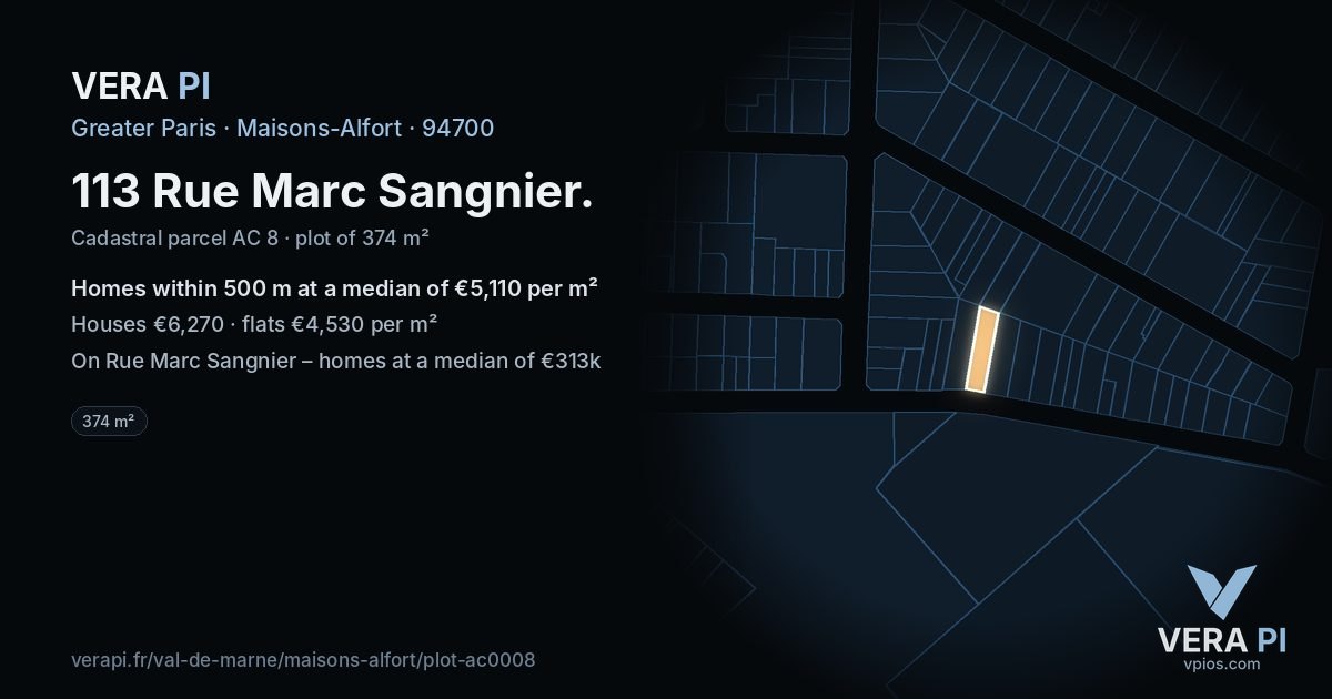 113 Rue Marc Sangnier, Maisons-Alfort at night – the plot lit, the parcels around coloured by the prices near them