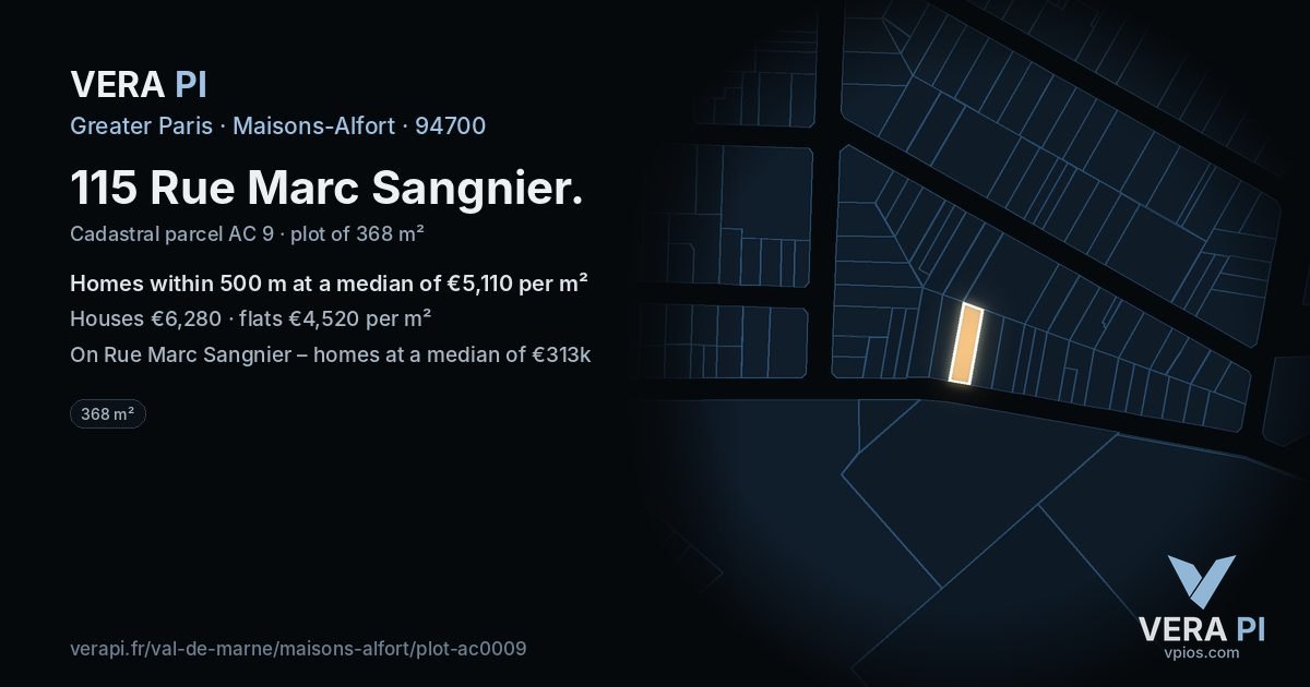 115 Rue Marc Sangnier, Maisons-Alfort at night – the plot lit, the parcels around coloured by the prices near them