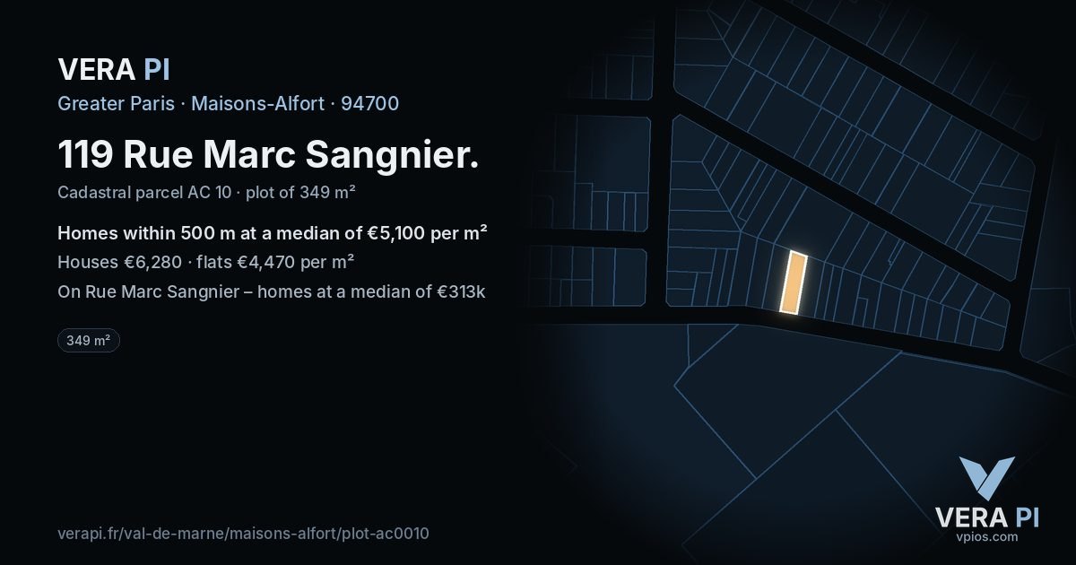119 Rue Marc Sangnier, Maisons-Alfort at night – the plot lit, the parcels around coloured by the prices near them