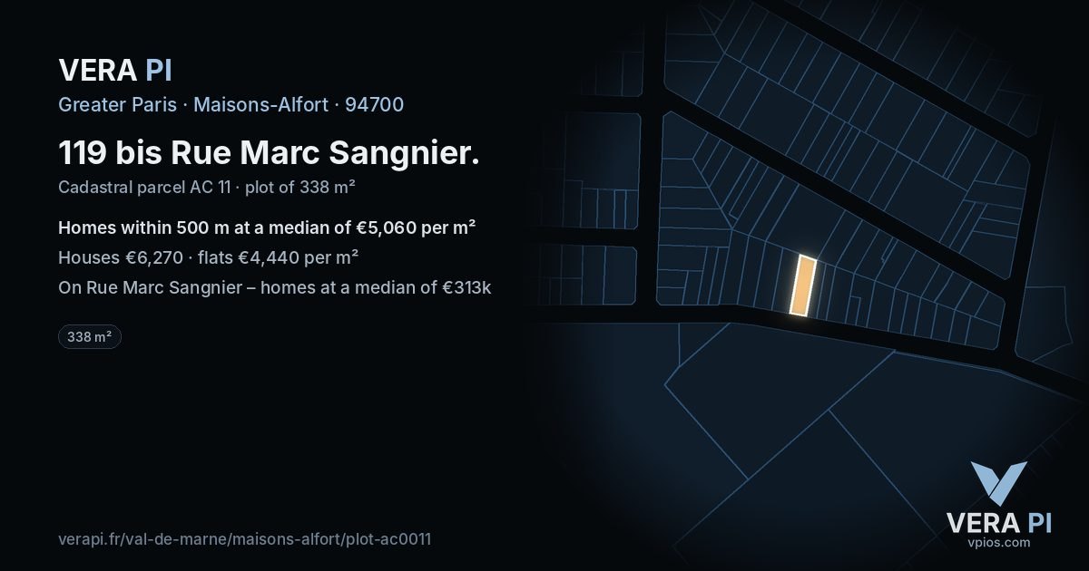 119 bis Rue Marc Sangnier, Maisons-Alfort at night – the plot lit, the parcels around coloured by the prices near them
