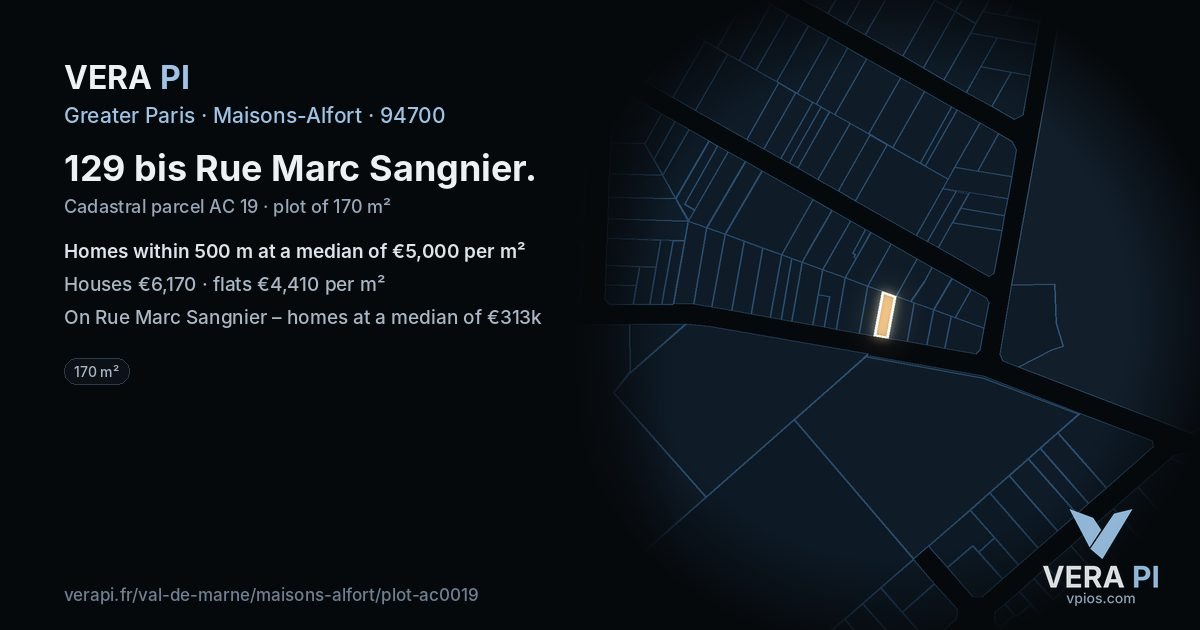129 bis Rue Marc Sangnier, Maisons-Alfort at night – the plot lit, the parcels around coloured by the prices near them