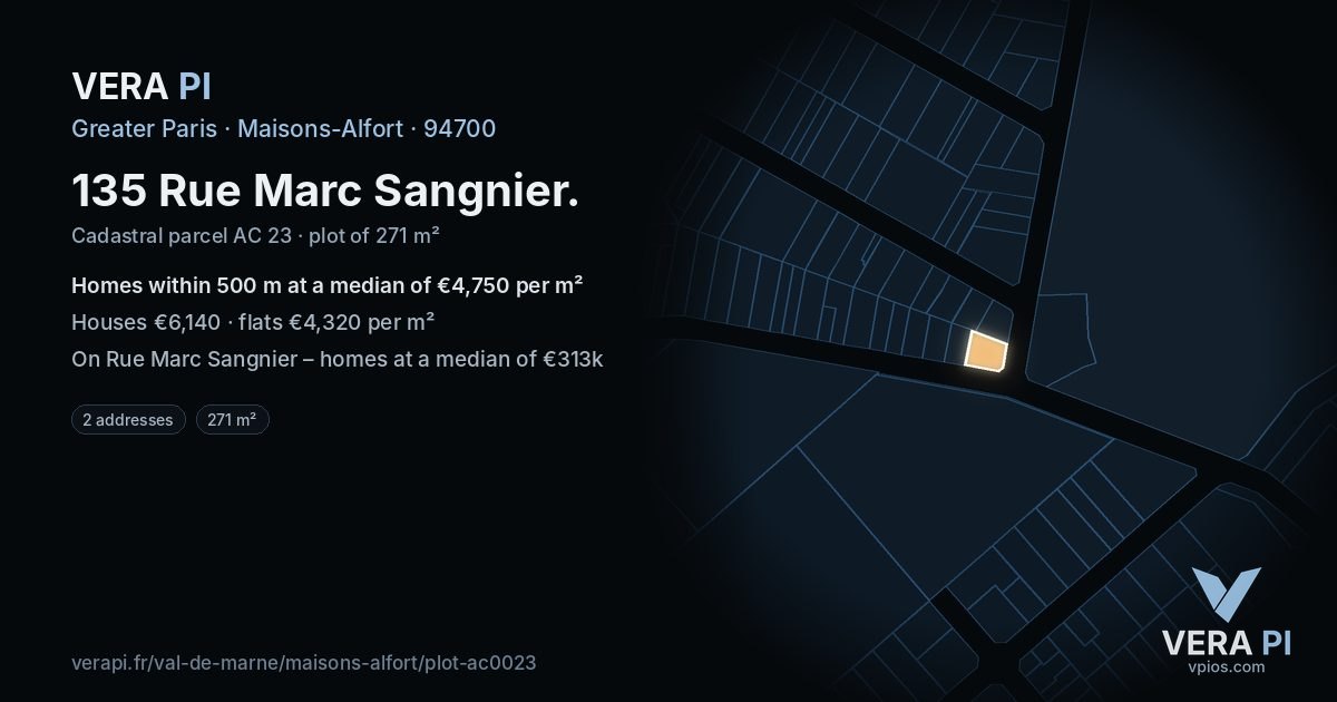 135 Rue Marc Sangnier, Maisons-Alfort at night – the plot lit, the parcels around coloured by the prices near them