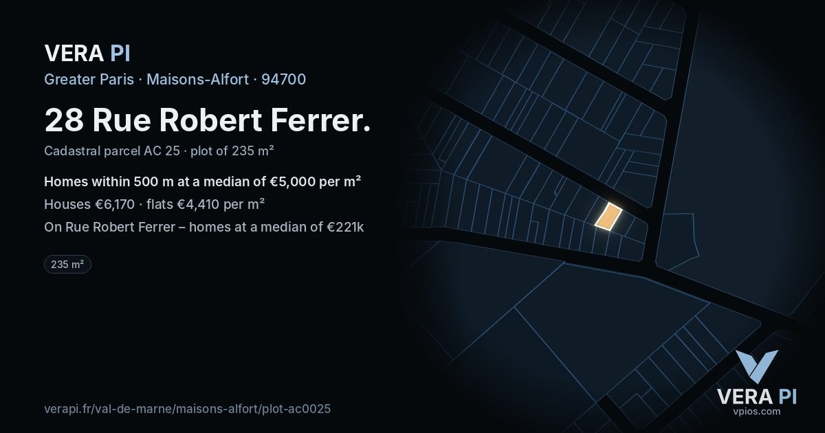 28 Rue Robert Ferrer, Maisons-Alfort at night – the plot lit, the parcels around coloured by the prices near them
