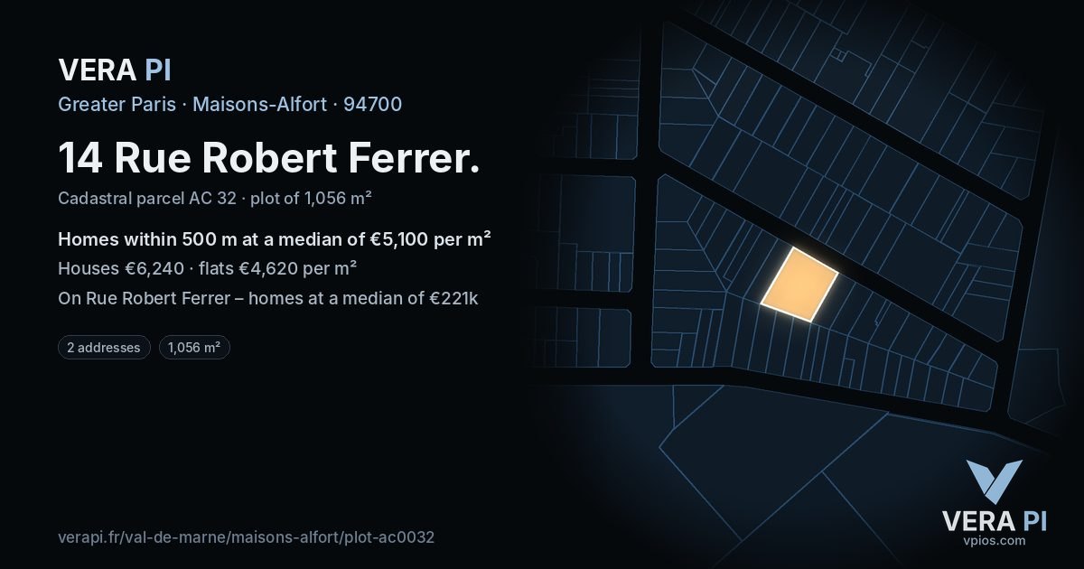 14 Rue Robert Ferrer, Maisons-Alfort at night – the plot lit, the parcels around coloured by the prices near them