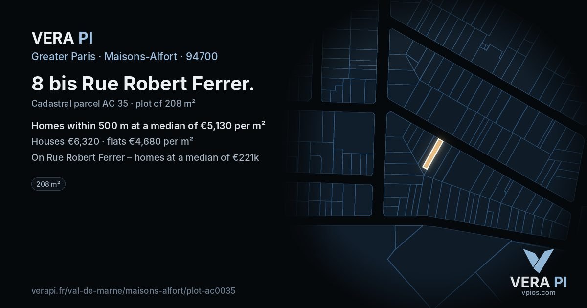 8 bis Rue Robert Ferrer, Maisons-Alfort at night – the plot lit, the parcels around coloured by the prices near them