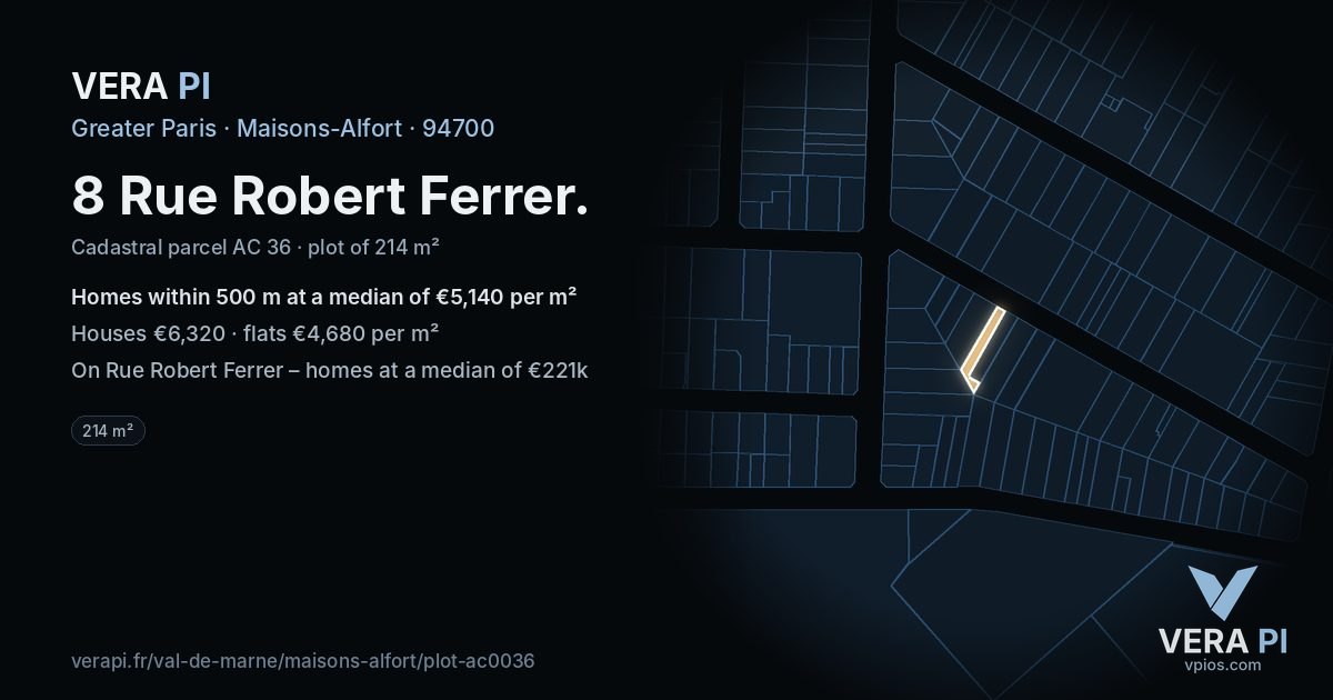 8 Rue Robert Ferrer, Maisons-Alfort at night – the plot lit, the parcels around coloured by the prices near them