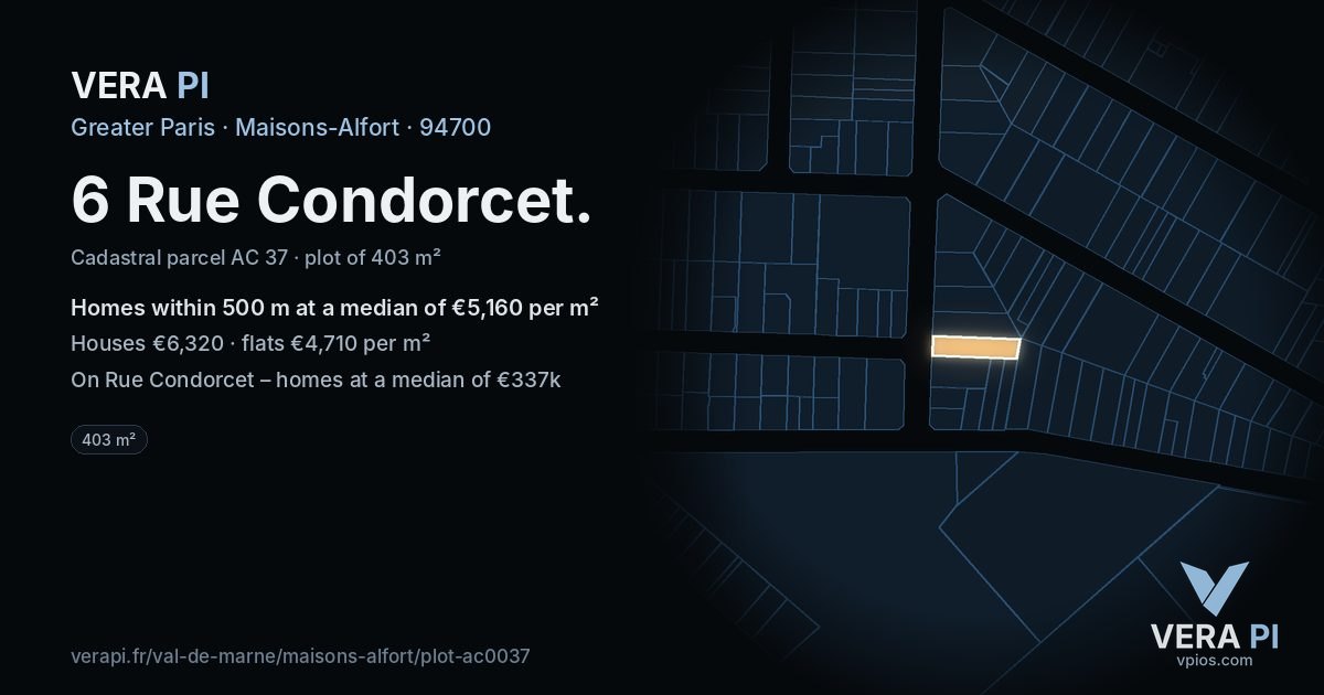 6 Rue Condorcet, Maisons-Alfort at night – the plot lit, the parcels around coloured by the prices near them
