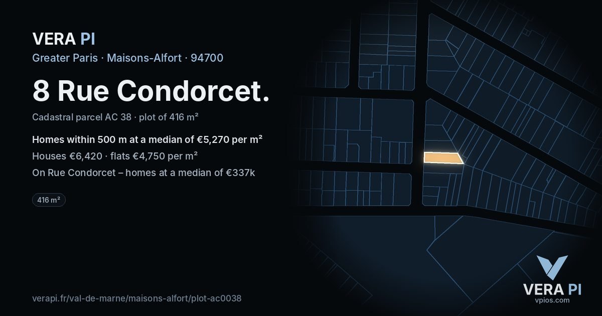 8 Rue Condorcet, Maisons-Alfort at night – the plot lit, the parcels around coloured by the prices near them