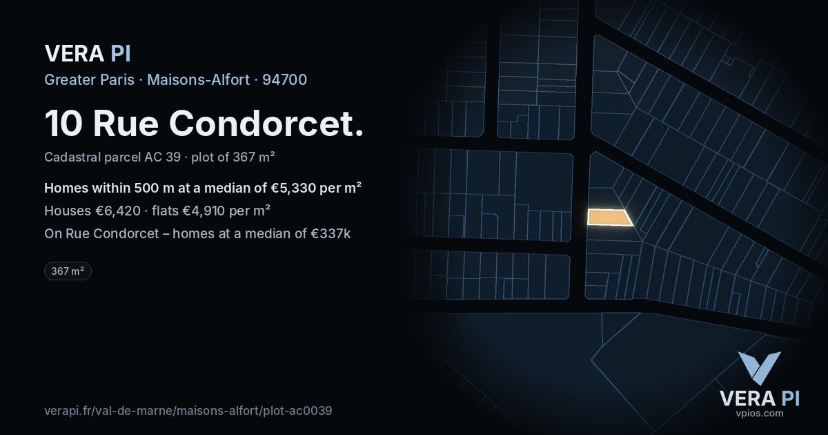 10 Rue Condorcet, Maisons-Alfort at night – the plot lit, the parcels around coloured by the prices near them
